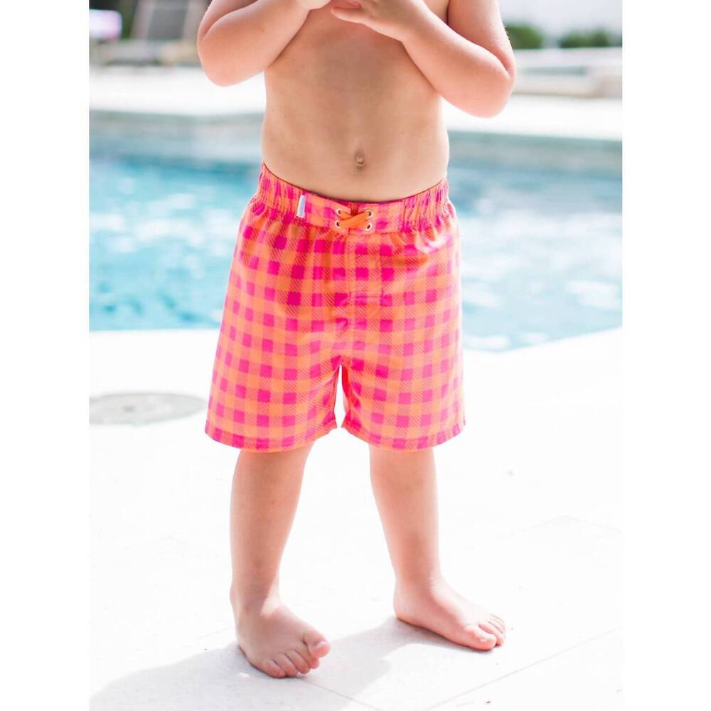 NEW RUFFLEBUTTS boys' gingham swim trunks swimsuit in sunset sorbet